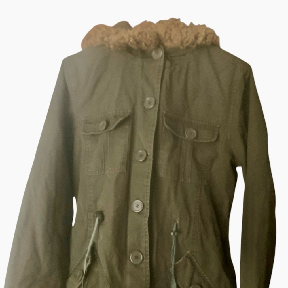 Women’s 12-14 Large Green Buttoned-Up Hooded Linen Coat